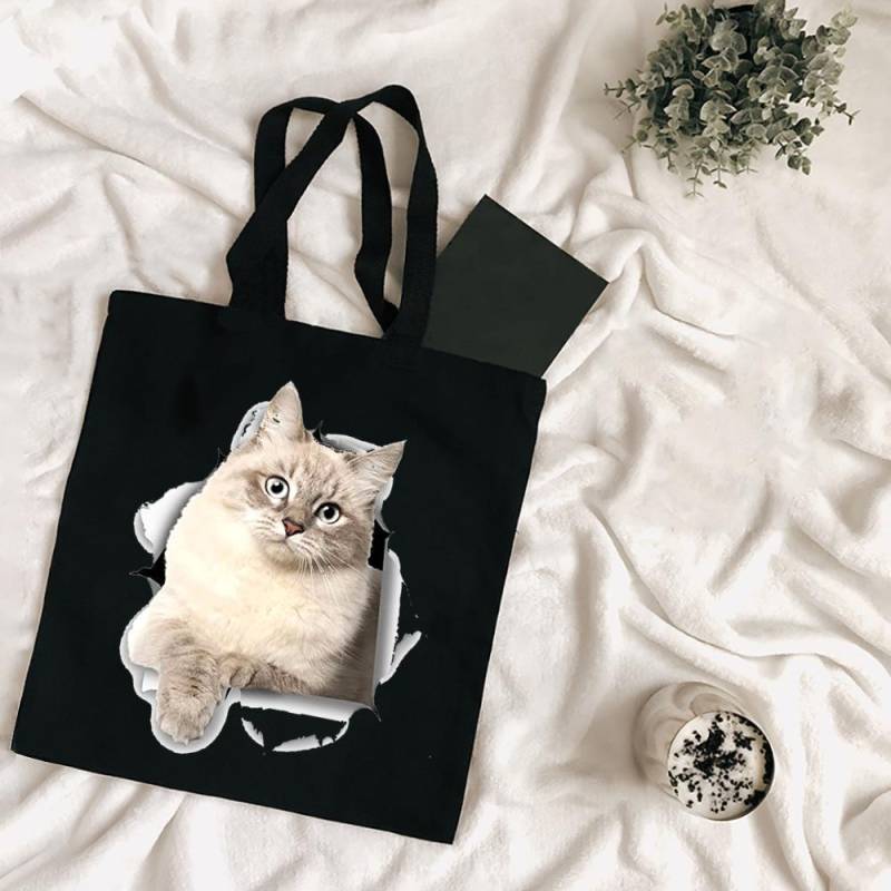 Cartoon Bulldog Katze Einkaufstasche Frau Shopper Falten Leinwand 2022 Tote Reisetaschen Designer Handtaschen Gedruckt Tuch Schulter Damen Stoff von Joom DACH