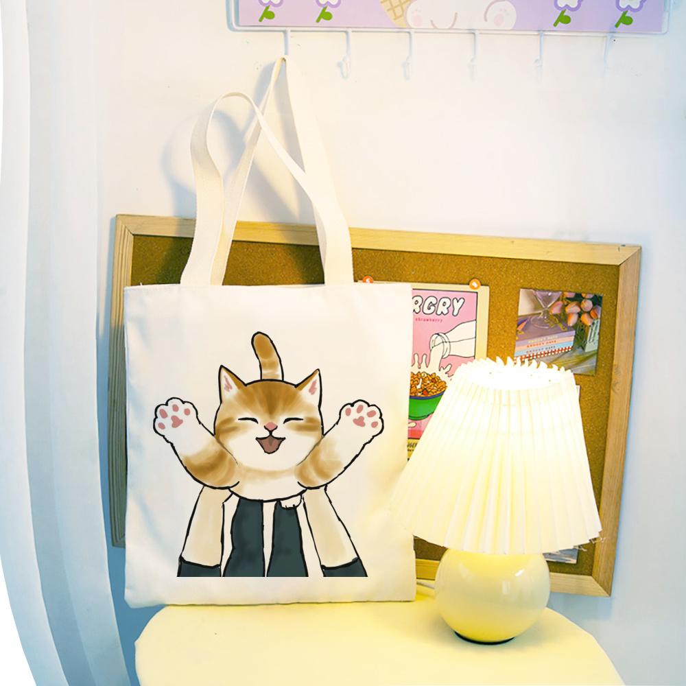 Cartoon Bulldog Katze Einkaufstasche Frau Shopper Falten Leinwand 2022 Tote Reisetaschen Designer Handtaschen Gedruckt Tuch Schulter Damen Stoff von Joom DACH