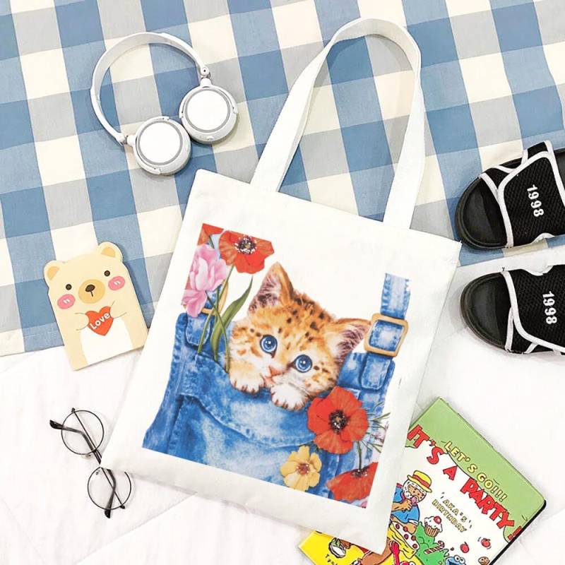 Cartoon Bulldog Katze Einkaufstasche Frau Shopper Falten Leinwand 2022 Tote Reisetaschen Designer Handtaschen Gedruckt Tuch Schulter Damen Stoff von Joom DACH