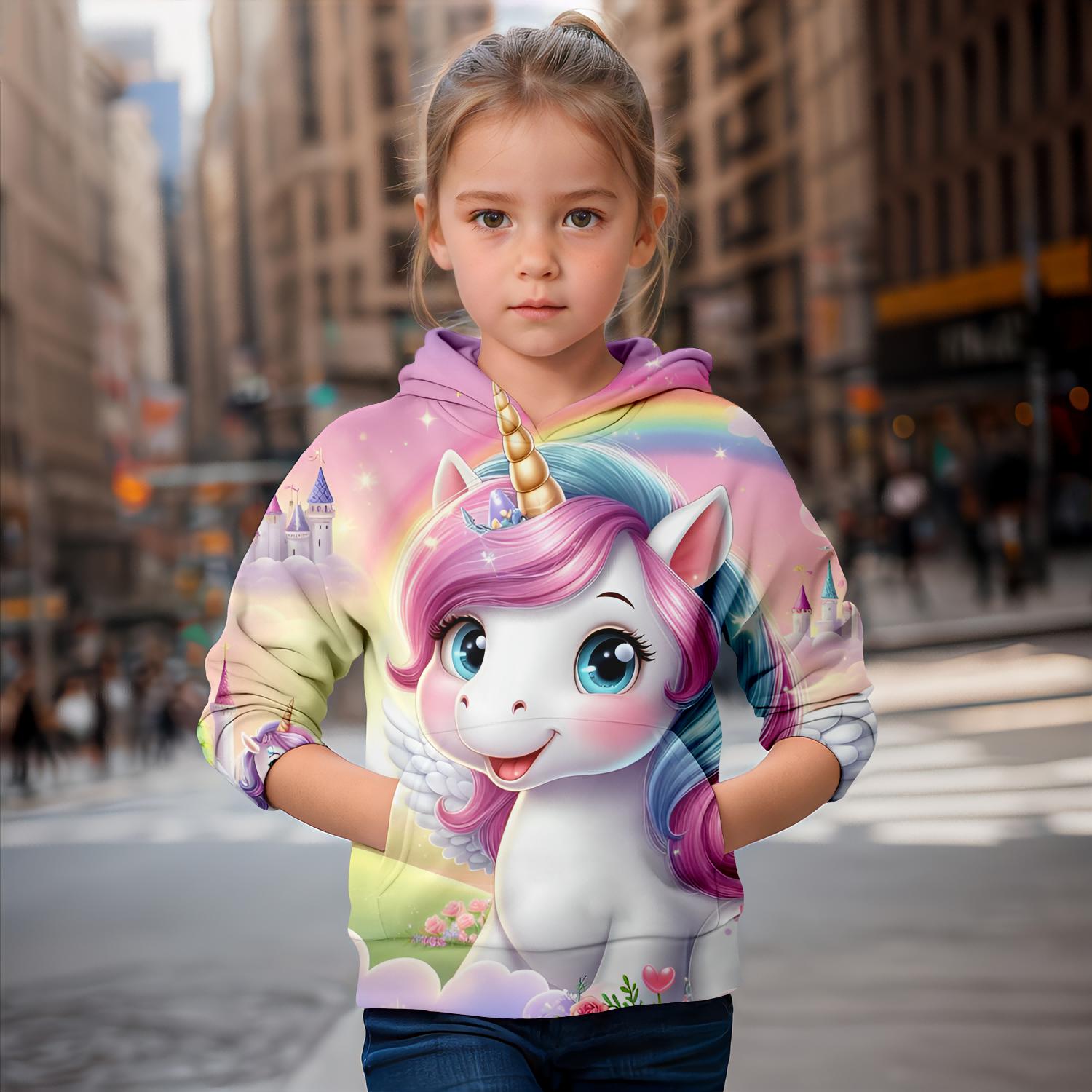 Cartoon Einhorn 3D-Druck Mädchen süße Hoodies Langarm Kapuzenpullover Top schöne Pullover Frühling Herbst 2024 Kleidung 110CM von Joom DACH