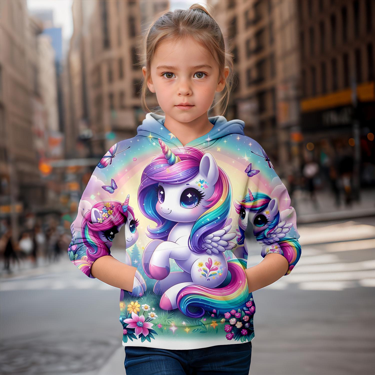 Cartoon Einhorn 3D-Druck Mädchen süße Hoodies Langarm Kapuzenpullover Top schöne Pullover Frühling Herbst 2024 Kleidung 110CM von Joom DACH