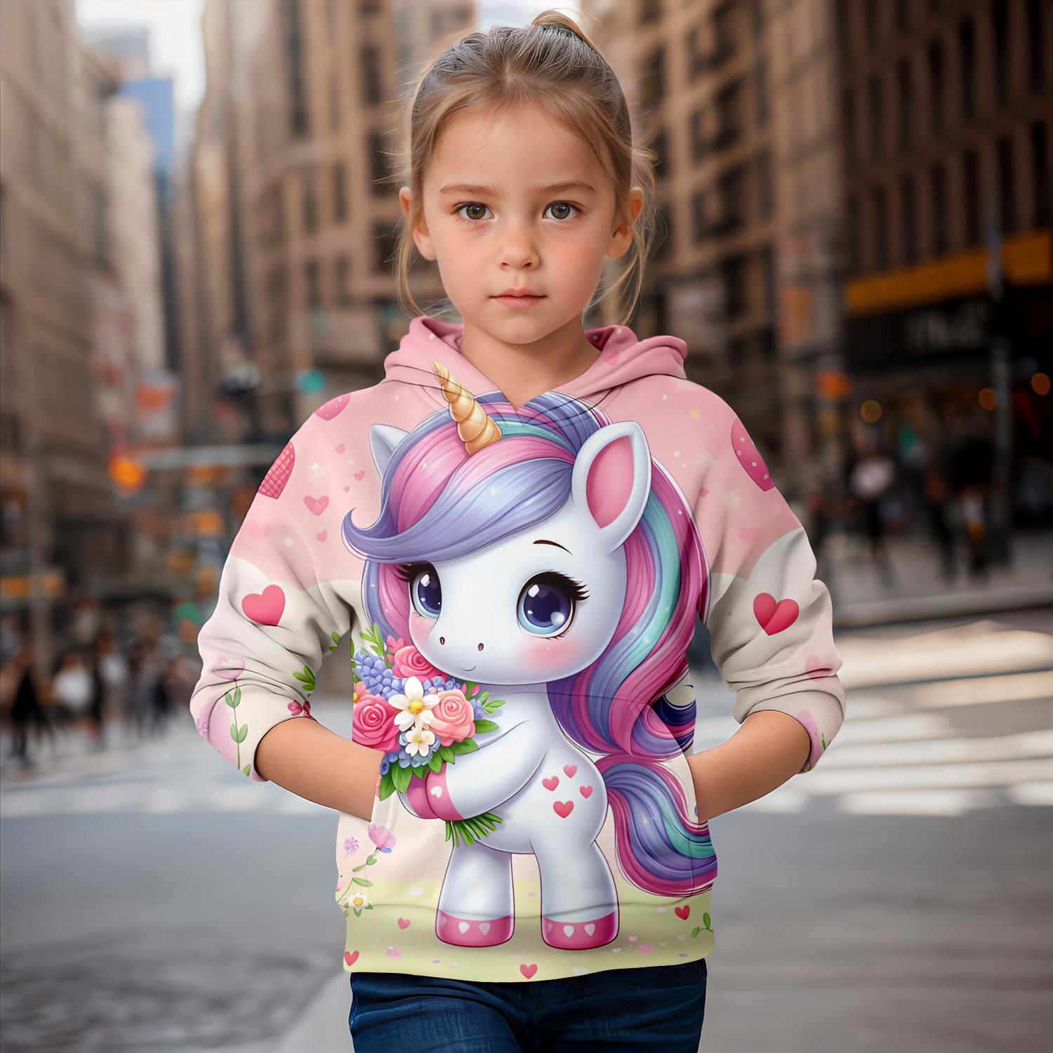 Cartoon Einhorn 3D-Druck Mädchen süße Hoodies Langarm Kapuzenpullover Top schöne Pullover Frühling Herbst 2024 Kleidung 110CM von Joom DACH