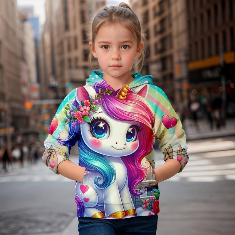 Cartoon Einhorn 3D-Druck Mädchen süße Hoodies Langarm Kapuzenpullover Top schöne Pullover Frühling Herbst 2024 Kleidung 130CM von Joom DACH