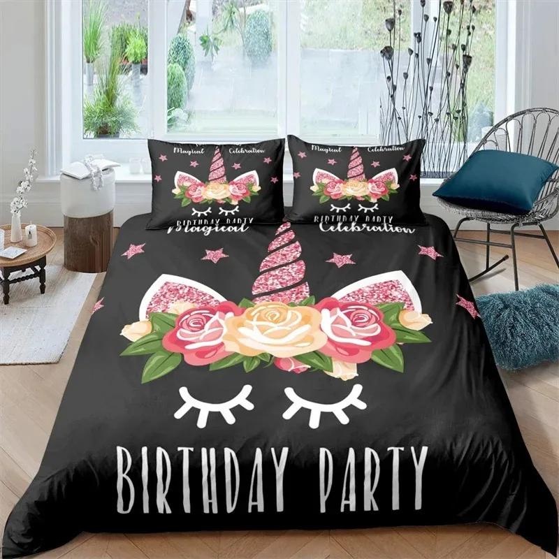 Cartoon Einhorn Bettbezug Einzelbett King Lächelnde Wimper Regenbogen Bettwäsche Set Für Kinder Mädchen Mikrofaser Magisches Tier Steppdeckenbezug EU Single(135x200cm) von Joom DACH
