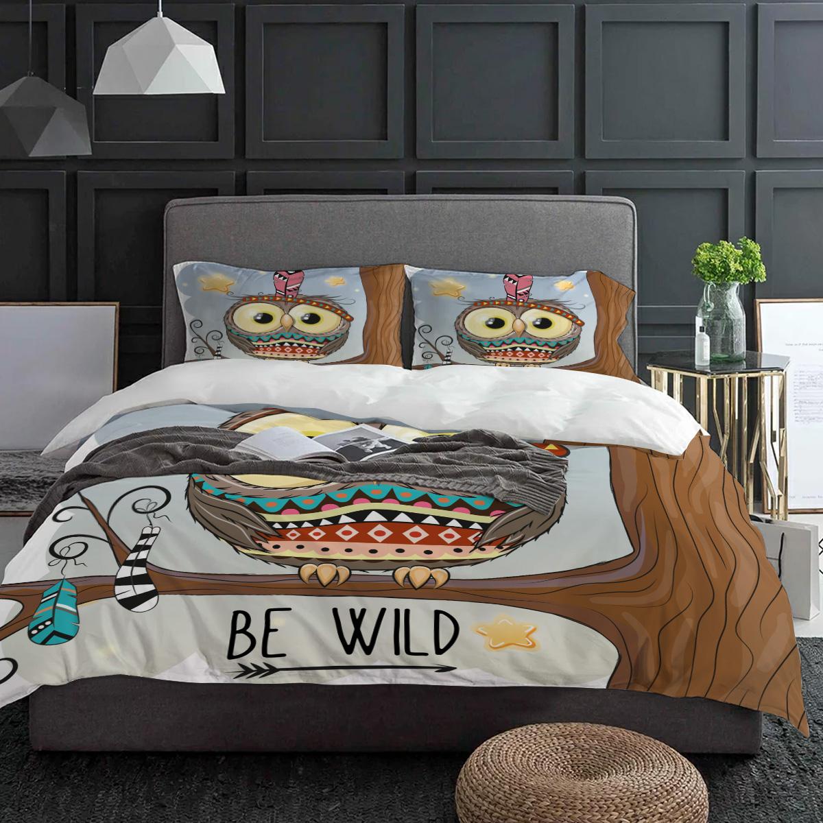 Cartoon Eule Indische Feder Bettwäsche Set 3tlg Jungen Mädchen Bettbezug Kissenbezug Kinder Erwachsene Bettbezug Doppelbett Set Heimtextil EU single(135x200cm) von Joom DACH