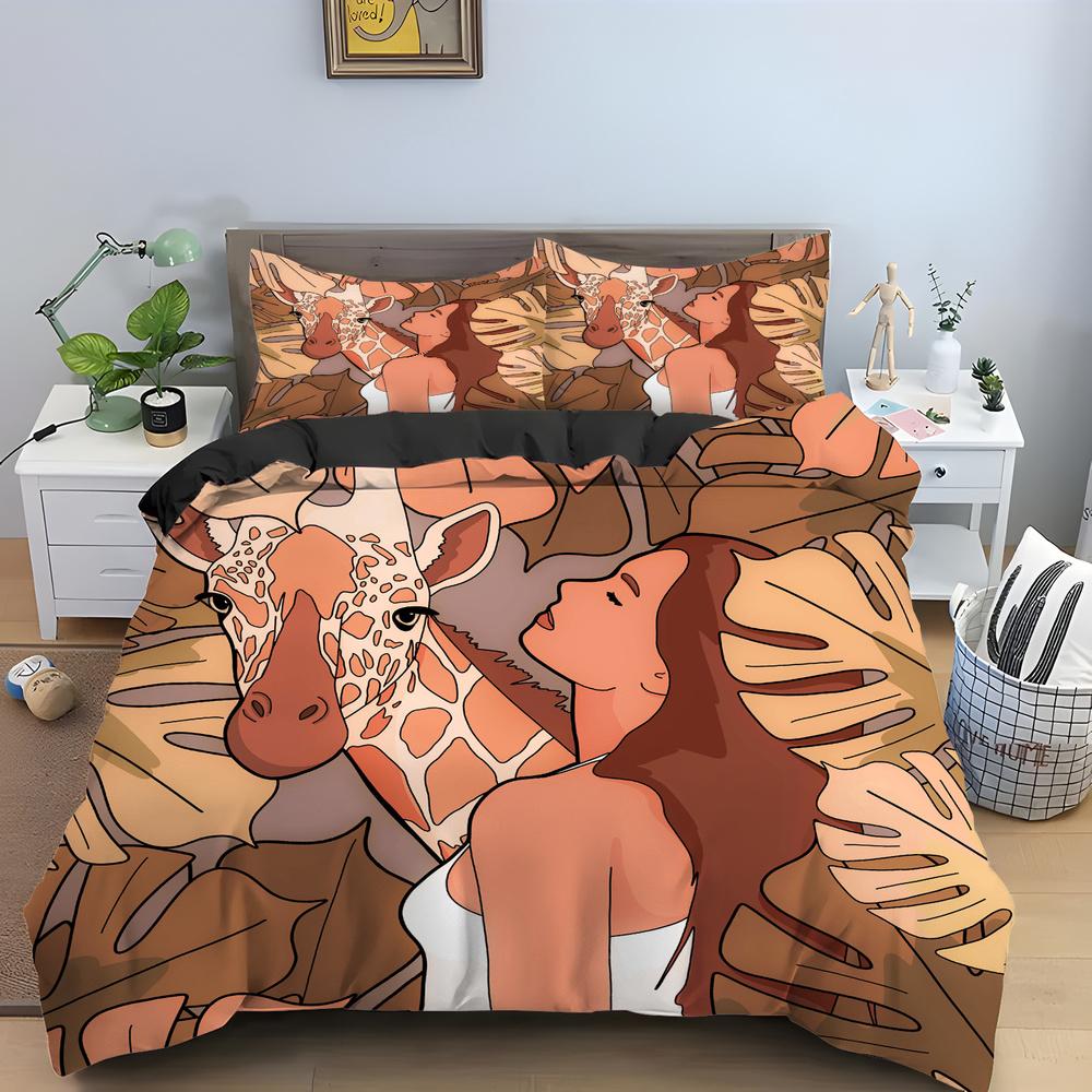 Cartoon Giraffe Königin König Bettbezug Kinder Mädchen Jungen Tier Bettwäsche Set Wildtiere Steppdeckenbezug 2/3-tlg. Polyester Bettdeckenbezug EU single(135x200cm) von Joom DACH