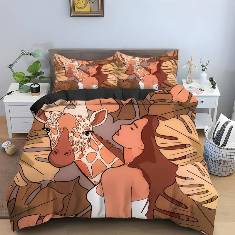 Cartoon Giraffe Königin König Bettbezug Kinder Mädchen Jungen Tier Bettwäsche Set Wildtiere Steppdeckenbezug 2/3-tlg. Polyester Bettdeckenbezug EU single(135x200cm) von Joom DACH