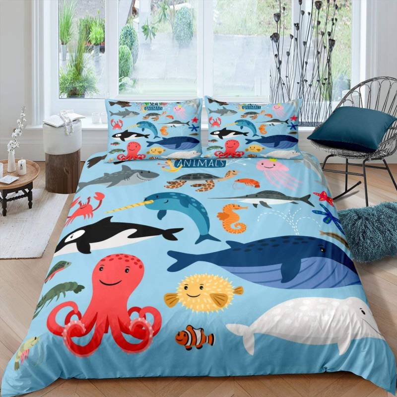 Cartoon Hai Königin Bettbezug Blaues Ozean Tier Thema Bettwäsche Set Für Kinder Jungen Mädchen Meeresleben 2/3tlg. Weicher Bettdeckenbezug EU single(135x200cm) von Joom DACH