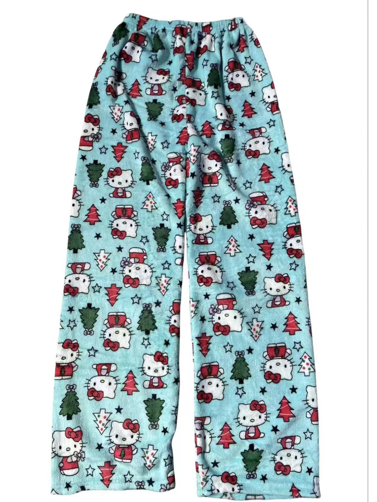 Cartoon KT Katze Weihnachten Flanell Pyjamahose für Damen - Gemütliche Herbst/Winter Kitty Fleece Nachtwäsche XXL von Joom DACH