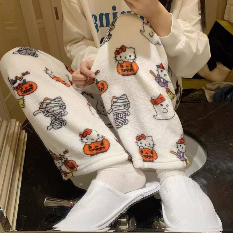 Cartoon KT Katze Weihnachten Flanell Pyjamahose für Damen - Gemütliche Herbst/Winter Kitty Fleece Nachtwäsche XXL von Joom DACH