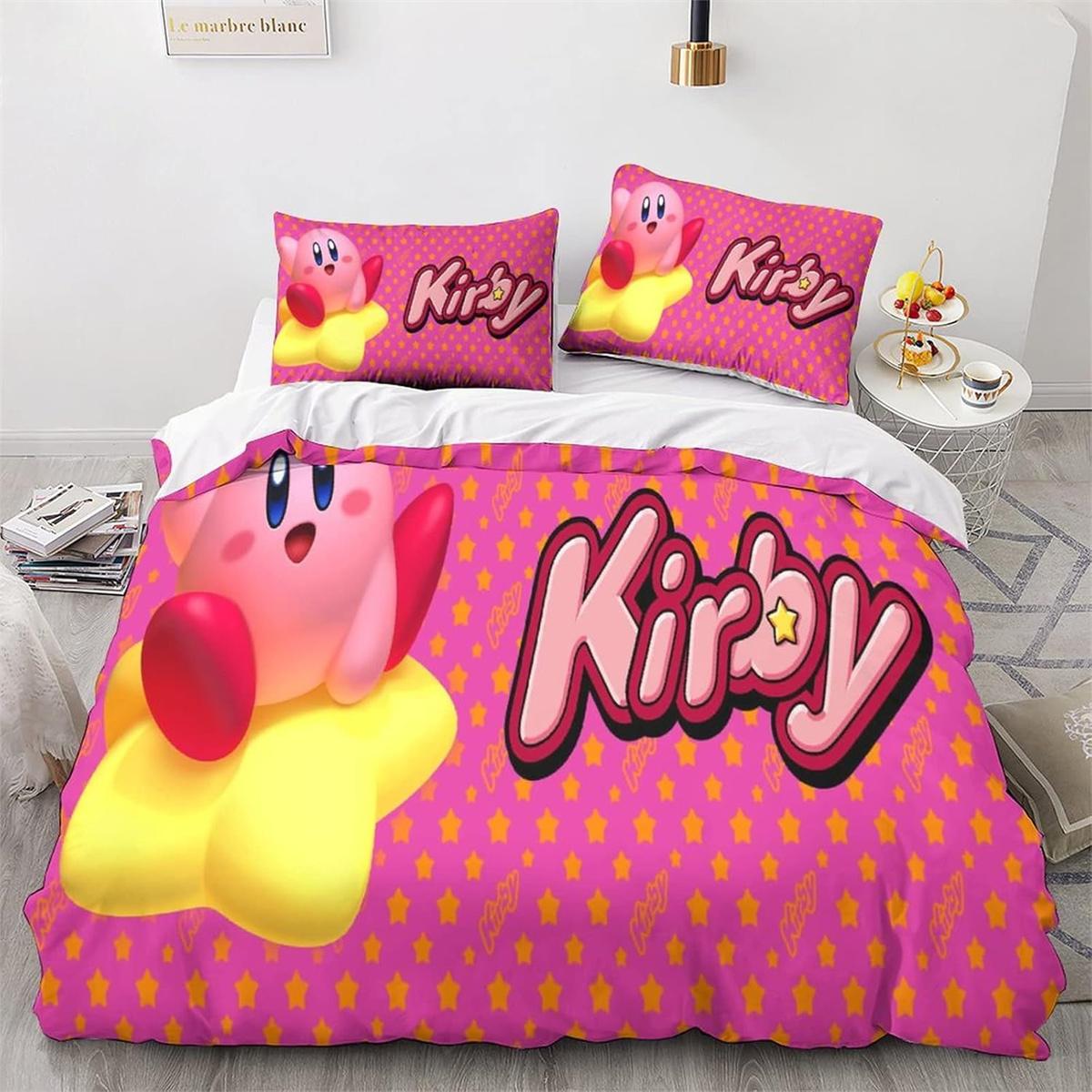 Cartoon Kirby Print Bettbezug Bettwäsche, 2-teiliges Set Bettdeckenbezug passender Kissenbezug mit Reißverschluss weiche Mikrofaser Einzelbett 135*200cm von Joom DACH