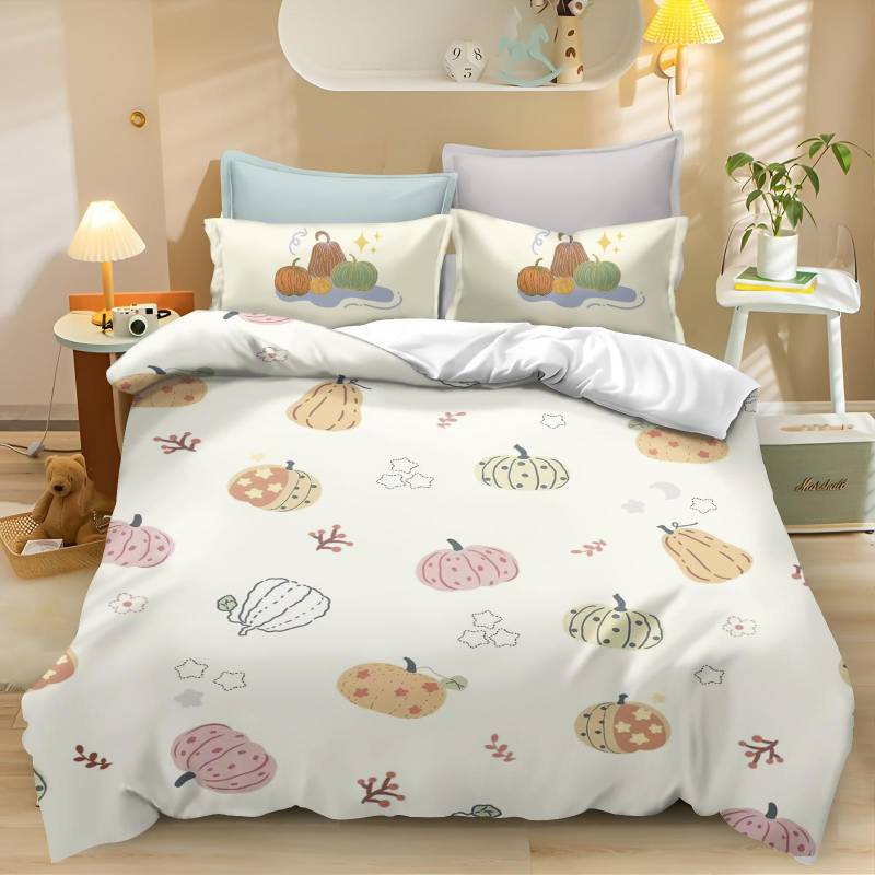 Cartoon Kürbis Bettbezug Schlafzimmer 3-teiliges Set Kinder Niedlich Polyester Weich Atmungsaktiv Bettdecke Animation Bettwäsche 90x200cm von Joom DACH