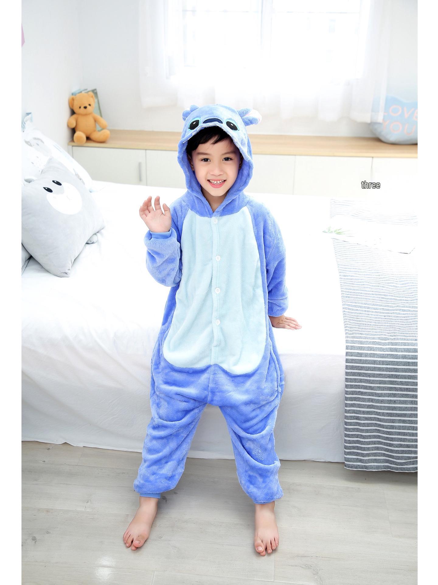 Cartoon Einteiler Pyjama für Kinder - Stitch Flanell, Perfekt für Herbst/Winter, Lässige Haus- und Performancekleidung 120cm von Joom DACH