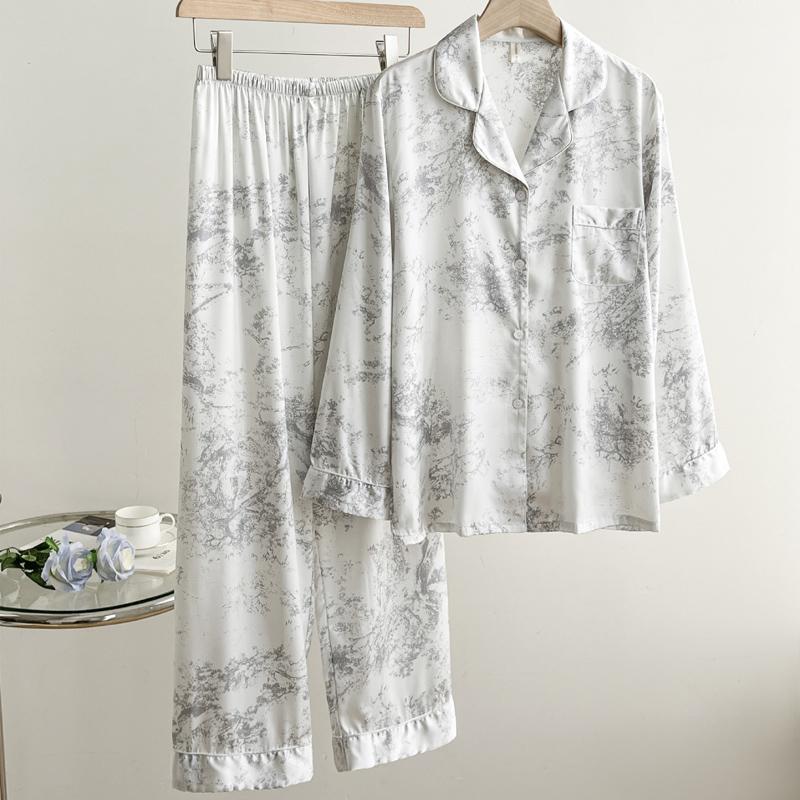 Cartoon-Print Damen-Pyjama-Set Hauskleidung Frühling und Sommer Pyjama-Hosen-Set 2-teilig Hemd Hose Locker Satin Hauskleidung XL grau von Joom DACH