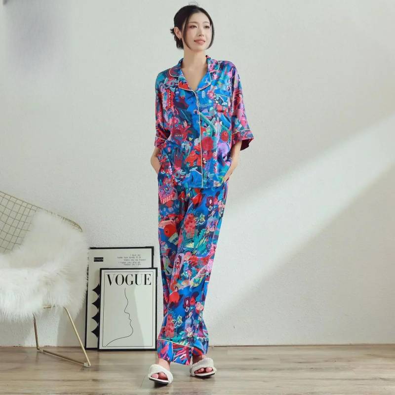 Cartoon-Pyjamas, kurzärmliges Hosenset für Damen, süße Damen mit Zirkusmotiven bedruckt, können draußen Hauskleidung tragen XXXL von Joom DACH