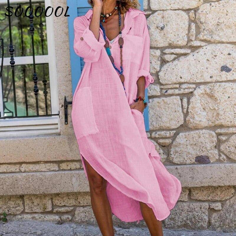 Casual Baumwolle Leinen Lose Hemd Kleid Frauen Sommer Mode Streetwear Split Taste Lange Kleid Weiß Schwarz Strand Urlaub Vestidos L von Joom DACH