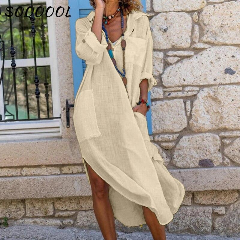 Casual Baumwolle Leinen Lose Hemd Kleid Frauen Sommer Mode Streetwear Split Taste Lange Kleid Weiß Schwarz Strand Urlaub Vestidos XL khaki von Joom DACH