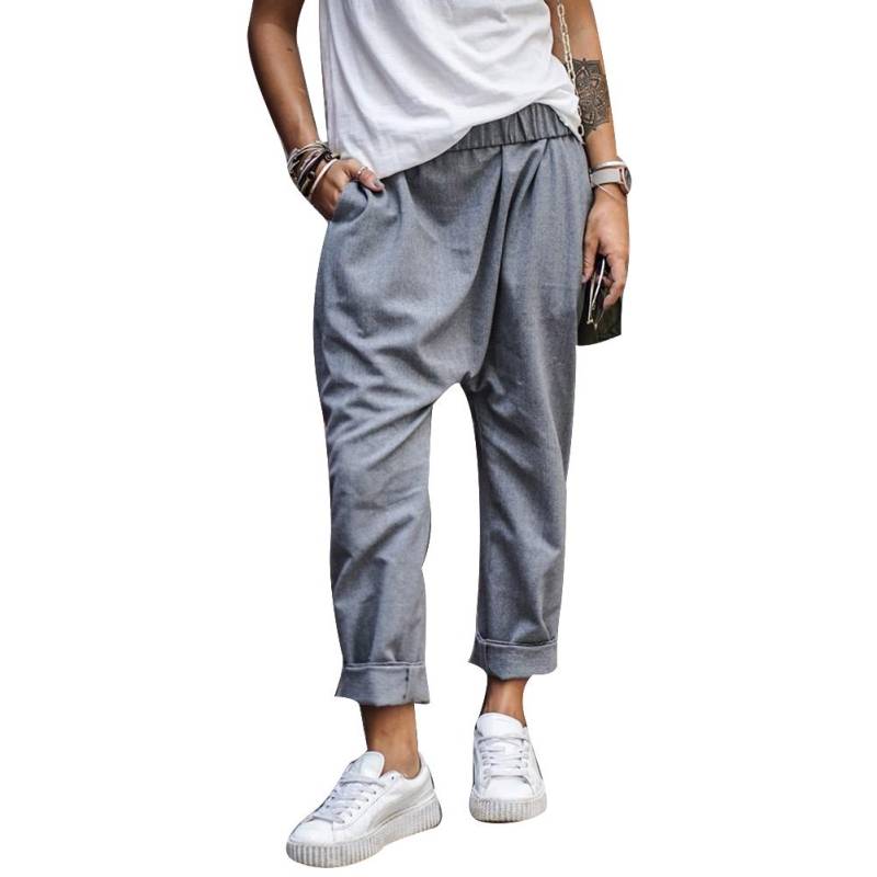 Casual Frauen Plus Größe Lose Harem Hosen Einfarbig Elastische Taille Lange Hosen XL grau von Joom DACH