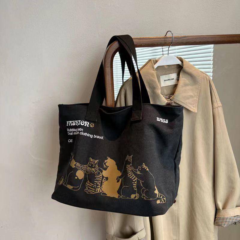 Casual Große Kapazität Schulter Taschen Shopper Leinwand Brief Mode Harajuku Zipper Print Ulzzang Handtaschen Günstige Frauen schwarz von Joom DACH
