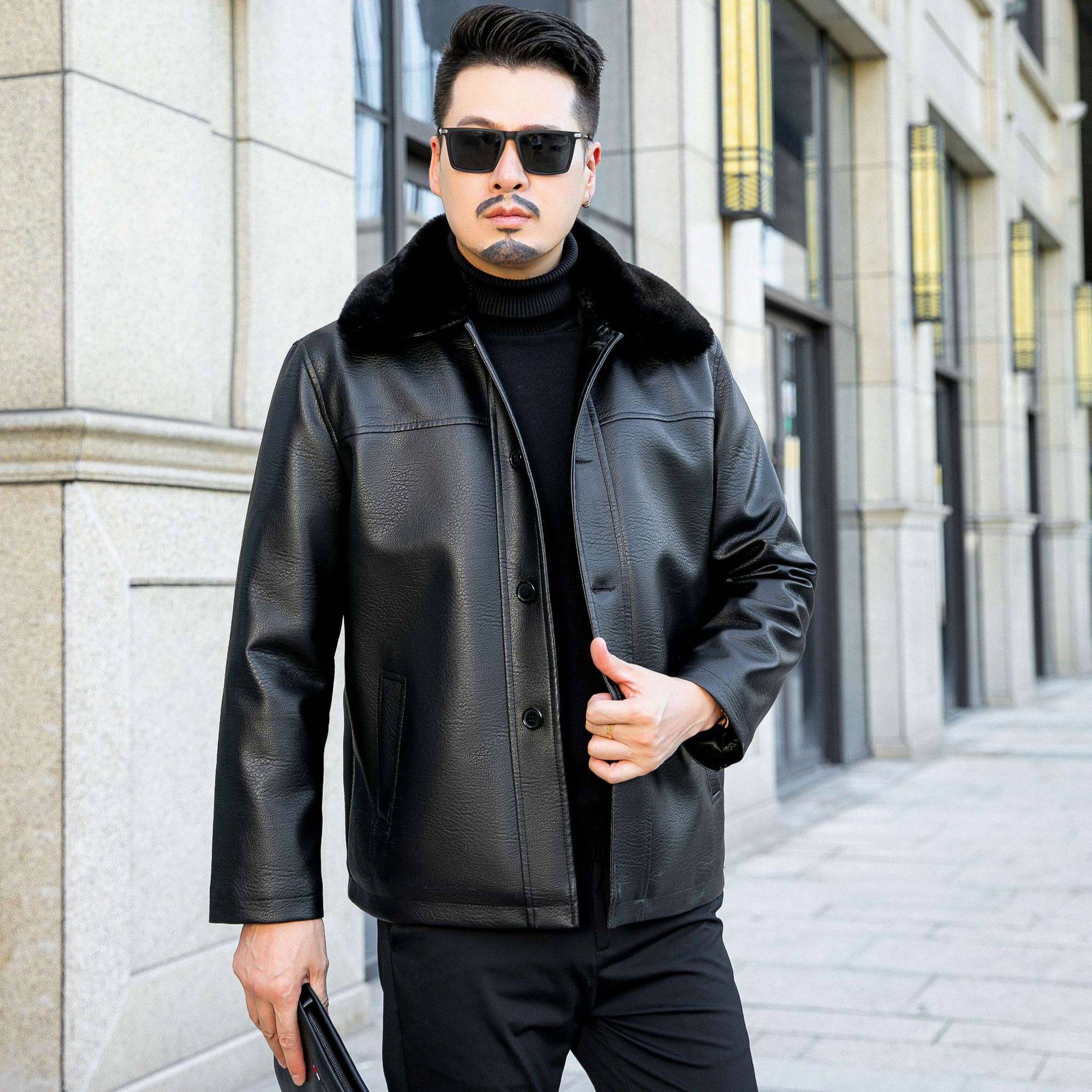 Casual Revers Knopf Ledermantel mittleren Alters Papa Leder Männer plus Fleece dicke Lederjacke Männer 60/4XL von Joom DACH