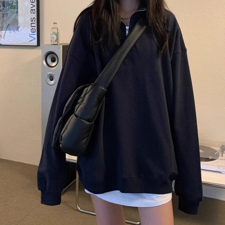 Casual Übergroßen Sweatshirts Frauen Koreanische Mode Kpop Polo Kragen Grau Solide Pullover Herbst Streetwear S schwarz von Joom DACH