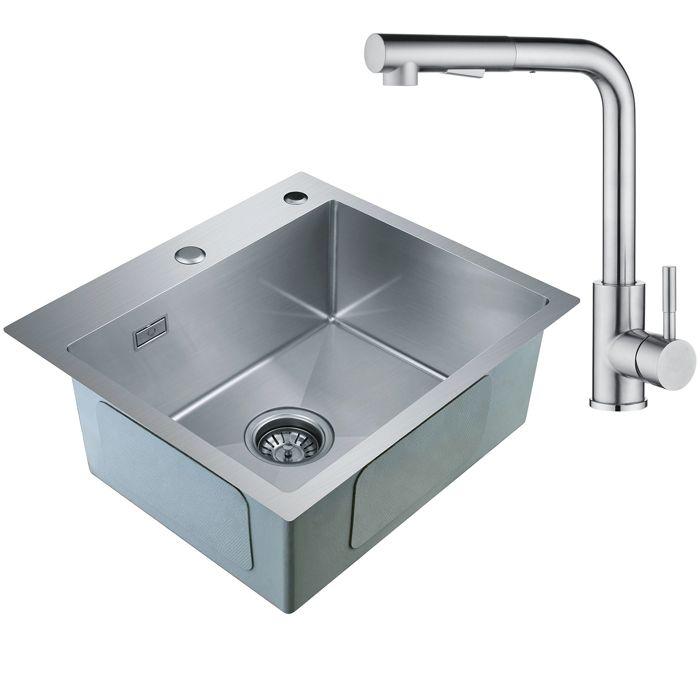Cecipa 2 in 1 Küchenspüle mit 1 Edelstahlbecken 50 x 45 x 18,5 cm + ausziehbarer Edelstahl-Küchenarmatur (Ohne Seifenspender) von Joom DACH