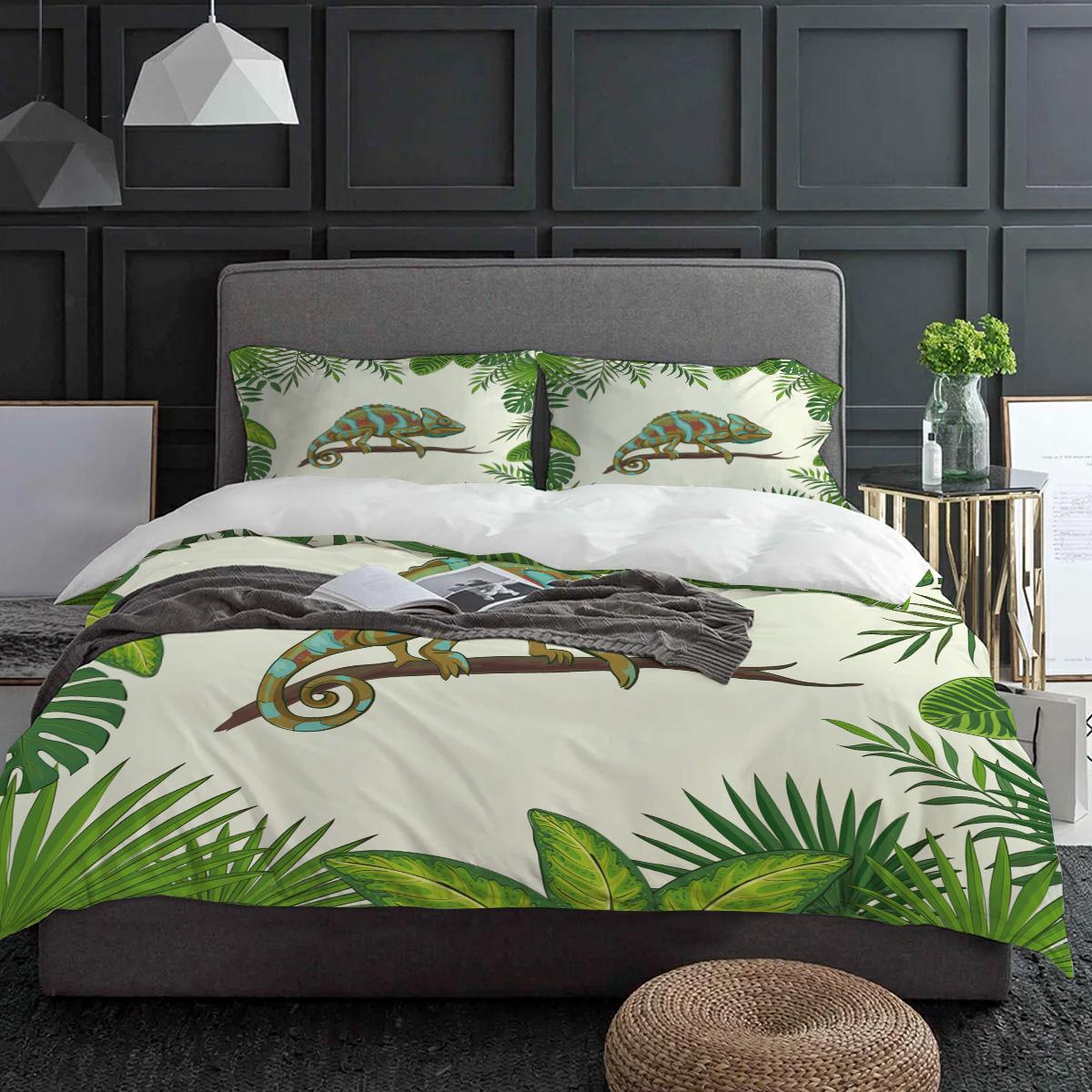Chamäleon Tier Blätter Bettwäsche Set 3-teilig Jungen Mädchen Bettbezug Kissenbezug Kinder Erwachsene Steppdeckenbezug Doppelbett Set Heimtextil EU single(135x200cm) von Joom DACH