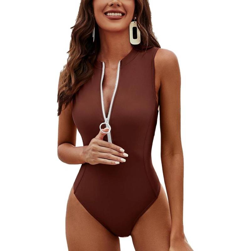 Charmleaks Damen-Badeanzug, athletisch, einteilig, Reißverschluss, Racerback, Stehkragen, vollständiger Bedeckungs-Badeanzug XL braun von Joom DACH