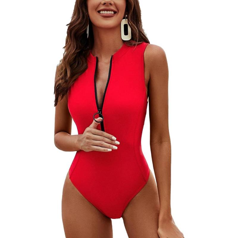 Charmleaks Damen-Badeanzug, athletisch, einteilig, Reißverschluss, Racerback, Stehkragen, vollständiger Bedeckungs-Badeanzug XL rot von Joom DACH