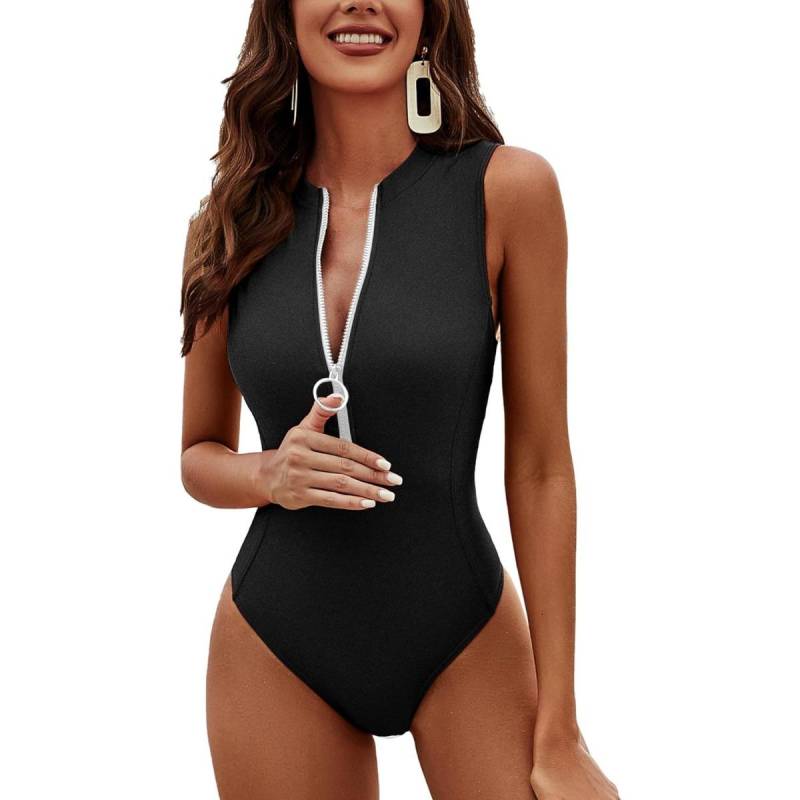 Charmleaks Damen-Badeanzug, athletisch, einteilig, Reißverschluss, Racerback, Stehkragen, vollständiger Bedeckungs-Badeanzug XL schwarz von Joom DACH
