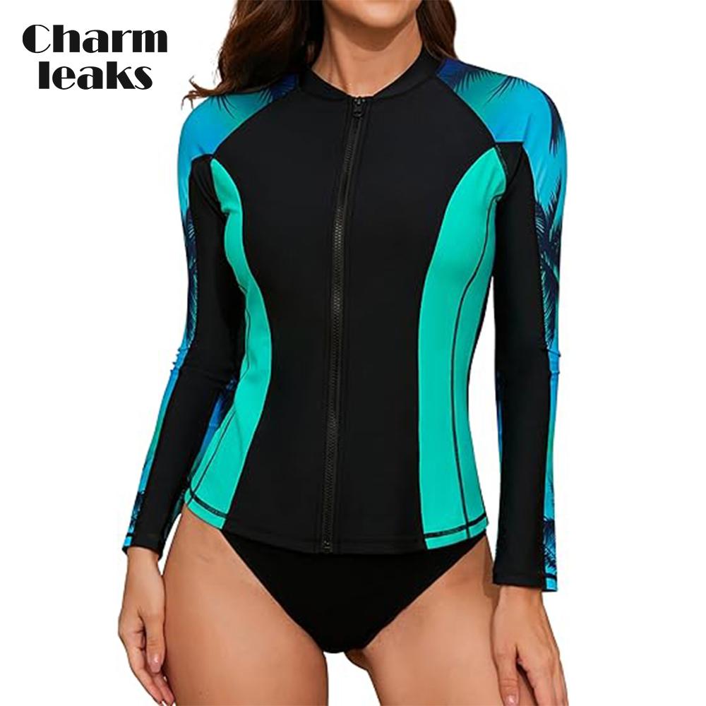 Charmleaks Damen Langarm-Rashguard-Badeanzug mit Reißverschluss, Surf-Top, Rashguard mit Reißverschluss, UPF50+, Badebekleidung L schwarz/grün von Joom DACH