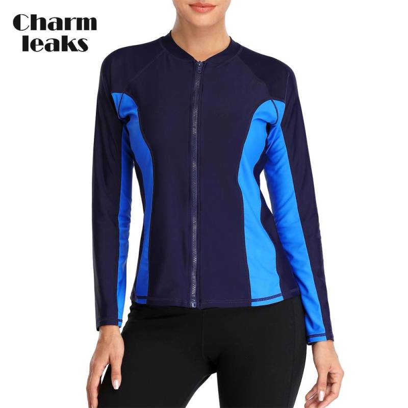 Charmleaks Damen Langarm-Rashguard-Badeanzug mit Reißverschluss, Surf-Top, Rashguard mit Reißverschluss, UPF50+, Badebekleidung XL schwarz/blau von Joom DACH