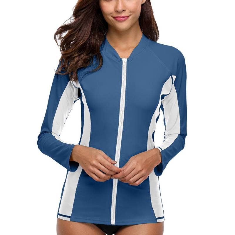 Charmleaks Damen Langarm-Rashguard-Badeanzug mit Reißverschluss, Surf-Top, Rashguard mit Reißverschluss, UPF50+, Badebekleidung XL blau/weiß von Joom DACH