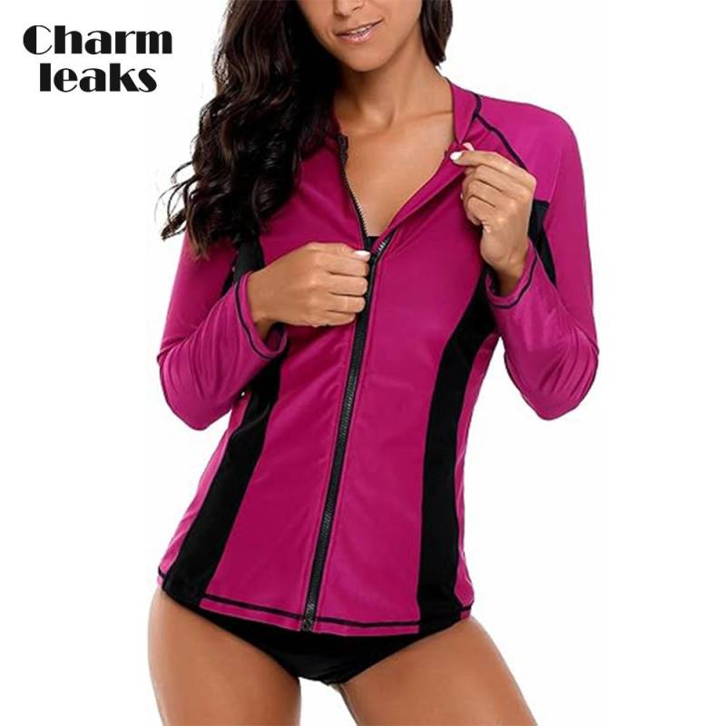 Charmleaks Damen Langarm-Rashguard-Badeanzug mit Reißverschluss, Surf-Top, Rashguard mit Reißverschluss, UPF50+, Badebekleidung XL fuchsie/schwarz von Joom DACH