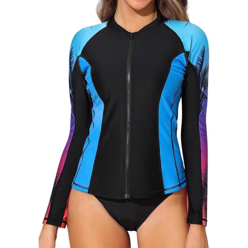 Charmleaks Damen Langarm-Rashguard-Badeanzug mit Reißverschluss, Surf-Top, Rashguard mit Reißverschluss, UPF50+, Badebekleidung XXL blau/schwarz von Joom DACH