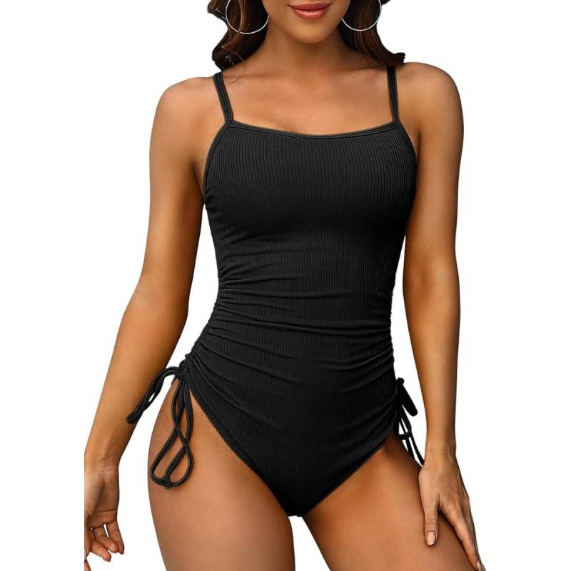 Charmleaks Gerippte Einteiler Badeanzüge für Damen zum Binden an der Seite Hoch geschnittene Badeanzüge Gepolsterte Monokinis M schwarz von Joom DACH
