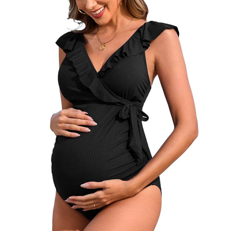 Charmleaks Gerippter Umstands-Badeanzug mit Rüschen, V-Ausschnitt, seitlichem Bindeband, Strick, einteiliger Schwangerschafts-Badeanzug, Push-Up-Bademode für Frauen M schwarz von Joom DACH