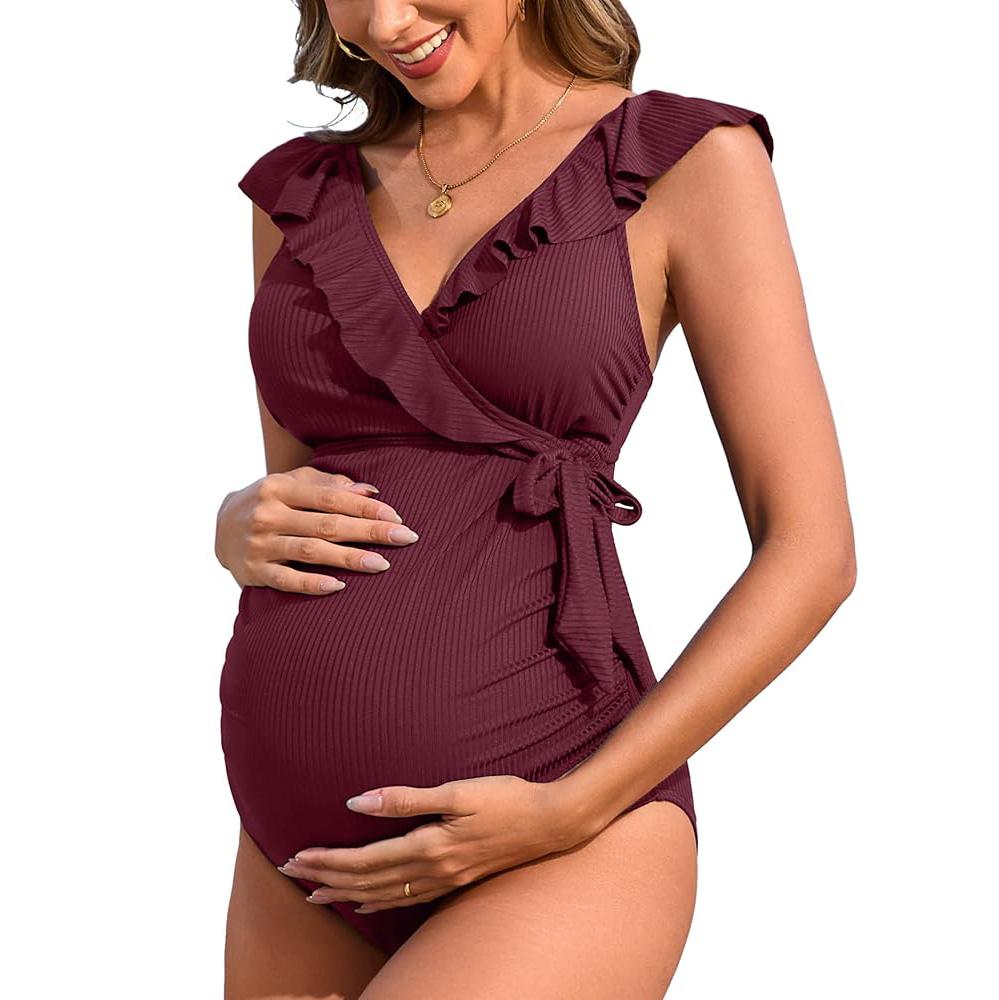 Charmleaks Gerippter Umstands-Badeanzug mit Rüschen, V-Ausschnitt, seitlichem Bindeband, Strick, einteiliger Schwangerschafts-Badeanzug, Push-Up-Bademode für Frauen XL rot von Joom DACH