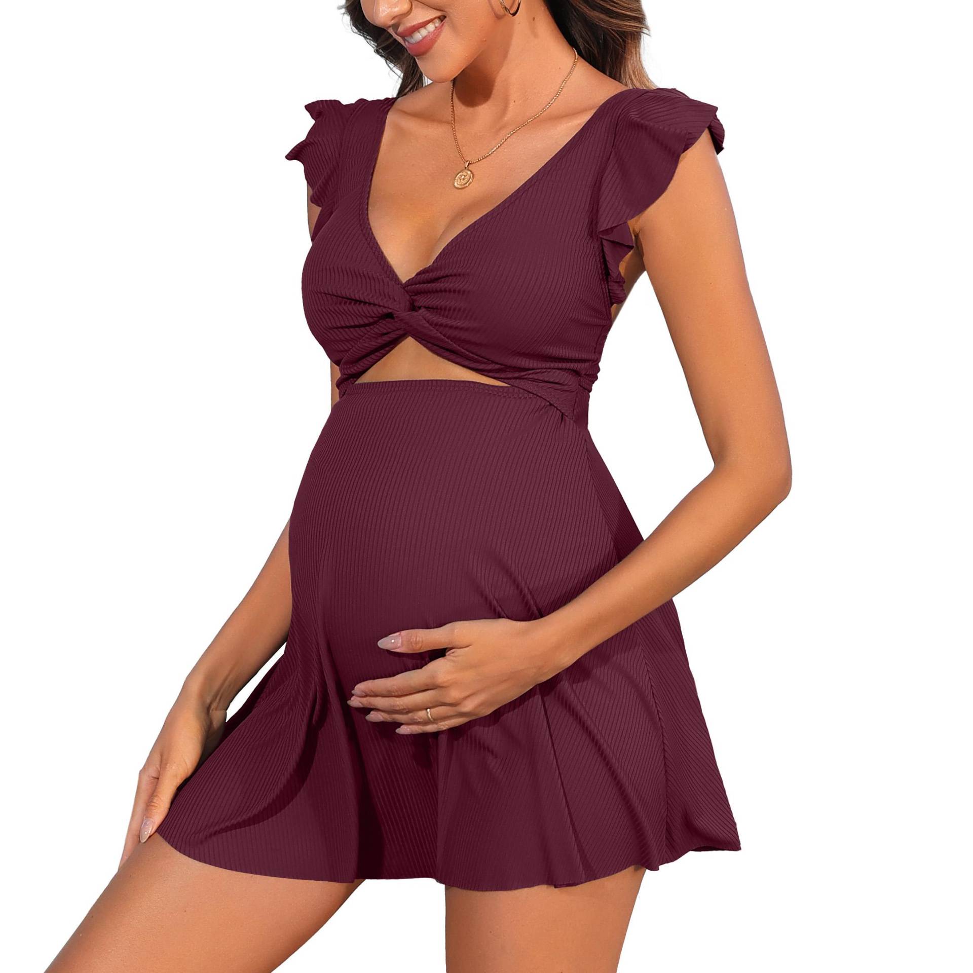 Charmleaks Gerippter Umstandsbadeanzug mit Rüschen, Einteiler, Cutout, Schwangerschafts-Badeanzug, Push-Up-Bademode, verdrehtes Schwimmkleid L dunkelrote von Joom DACH