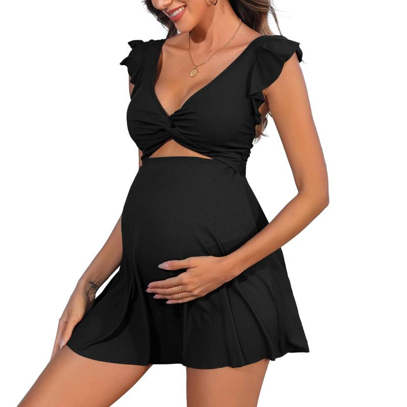 Charmleaks Gerippter Umstandsbadeanzug mit Rüschen, Einteiler, Cutout, Schwangerschafts-Badeanzug, Push-Up-Bademode, verdrehtes Schwimmkleid XL schwarz von Joom DACH