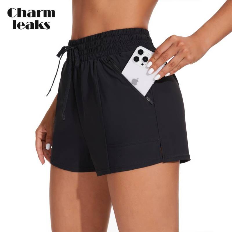 Charmleaks Damen-Badeshorts mit hoher Taille, Kordelzug, Boardshorts mit Reißverschlusstaschen S schwarz von Joom DACH