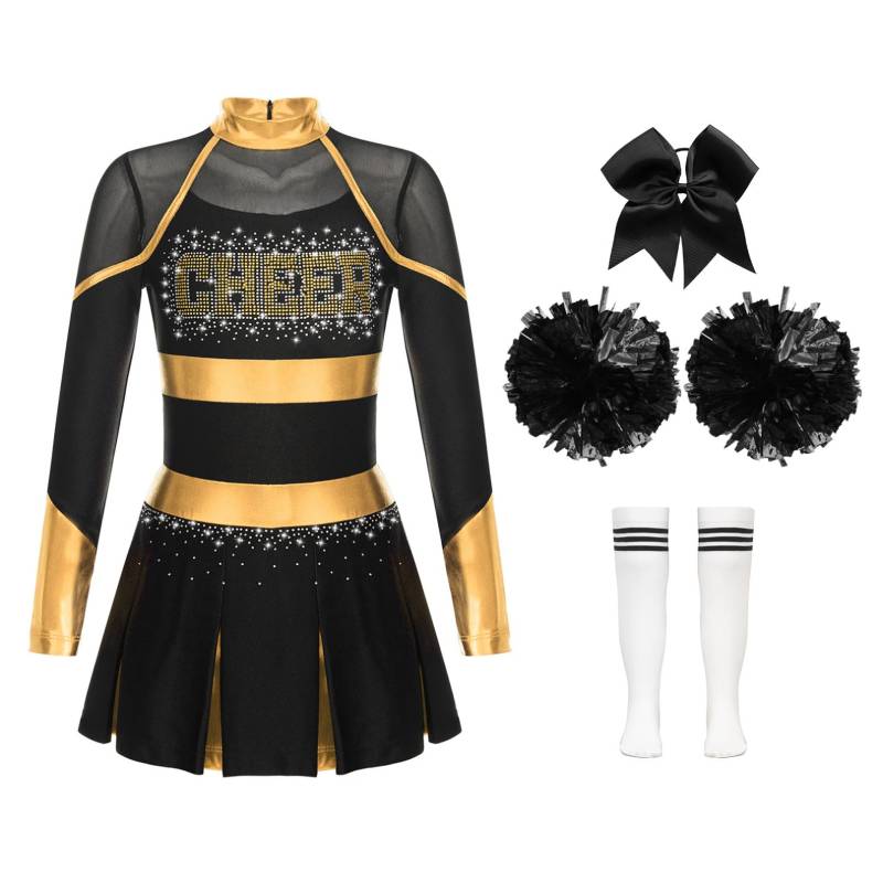 Cheerleader-Kostüm für Kinder, Halloween-Cheerleading-Uniform, Kleid mit Pompons und Socken, Karneval, Party, Kostüm-Outfit 11-12 Years gold/weiß von Joom DACH