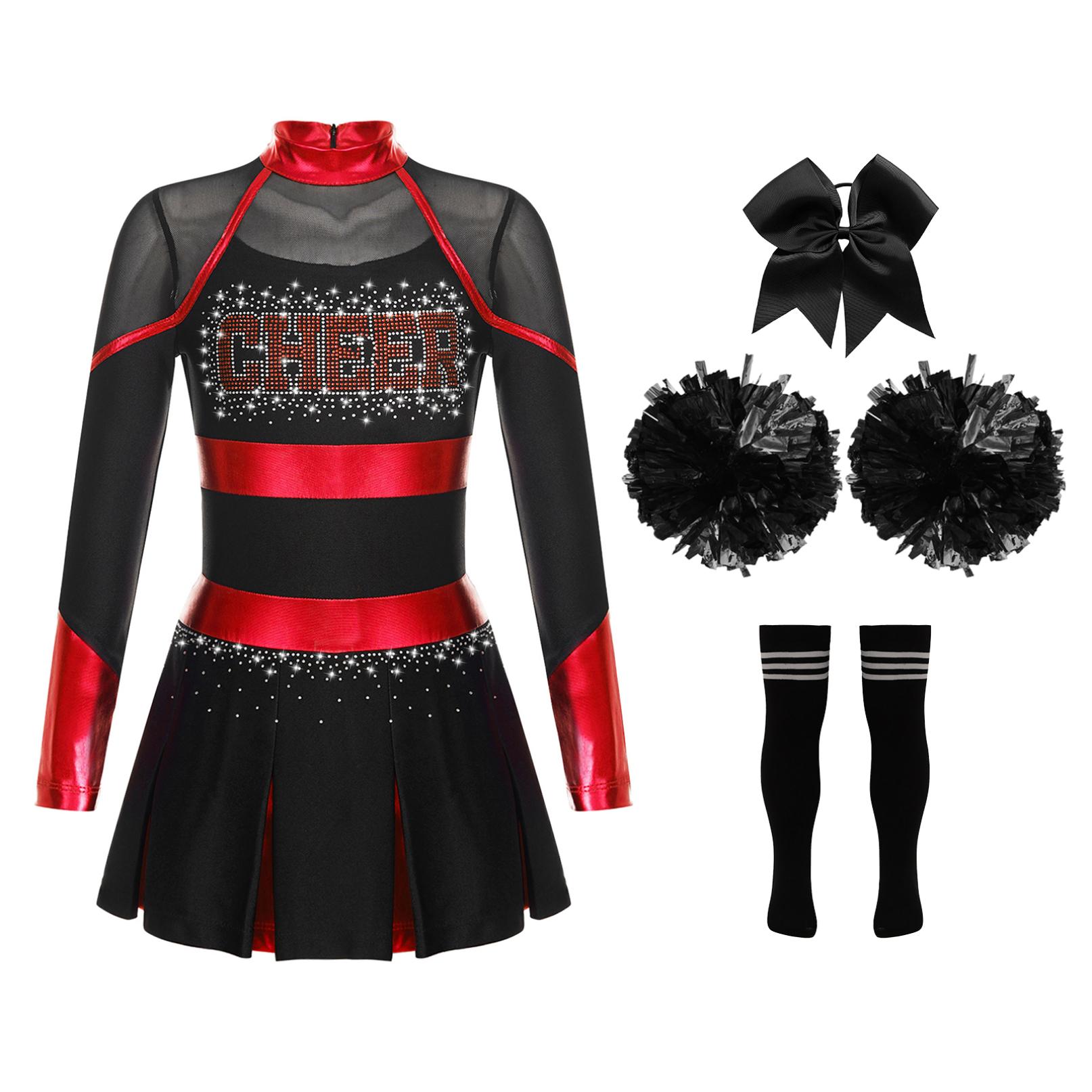 Cheerleader-Kostüm für Kinder, Halloween-Cheerleading-Uniform, Kleid mit Pompons und Socken, Karneval, Party, Kostüm-Outfit 11-12 Years rot/schwarz von Joom DACH