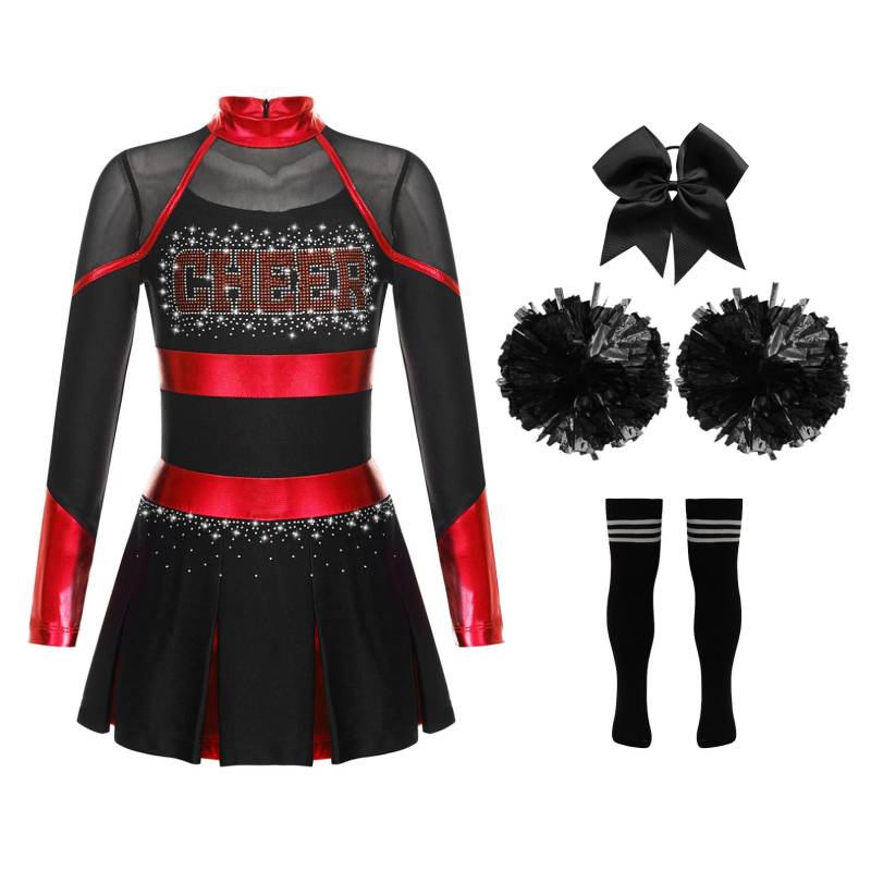 Cheerleader-Kostüm für Kinder, Halloween-Cheerleading-Uniform, Kleid mit Pompons und Socken, Karneval, Party, Kostüm-Outfit 11-12 Years rot/schwarz von Joom DACH
