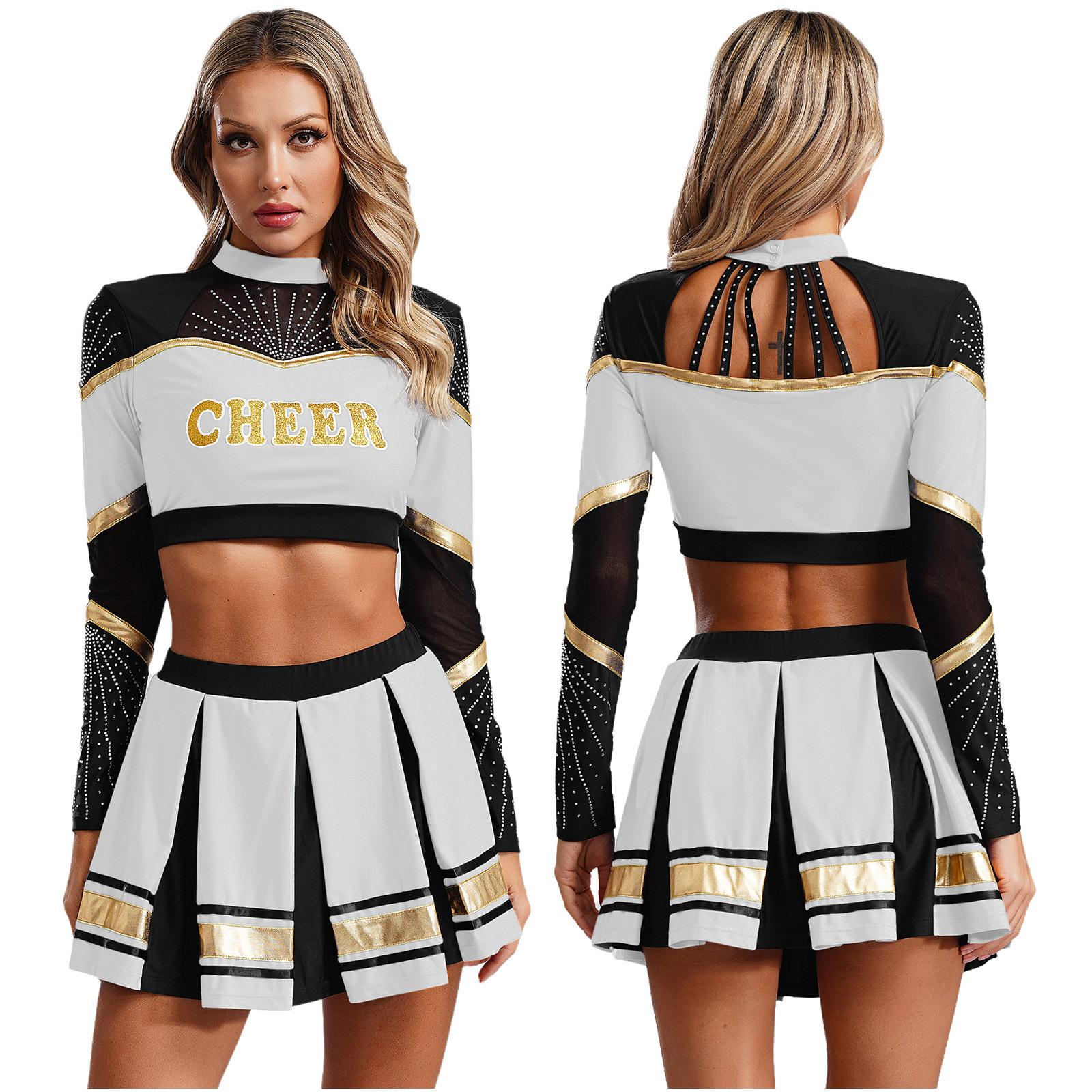 Cheerleader-Kostüme für Damen, Cheerleading-Uniformen, langärmeliges bauchfreies Top, plissierter A-Linien-Minirock, Performance-Tanzkleid L weiß von Joom DACH