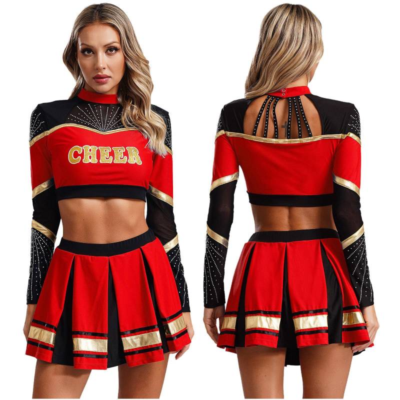 Cheerleader-Kostüme für Damen, Cheerleading-Uniformen, langärmeliges bauchfreies Top, plissierter A-Linien-Minirock, Performance-Tanzkleid L rot von Joom DACH
