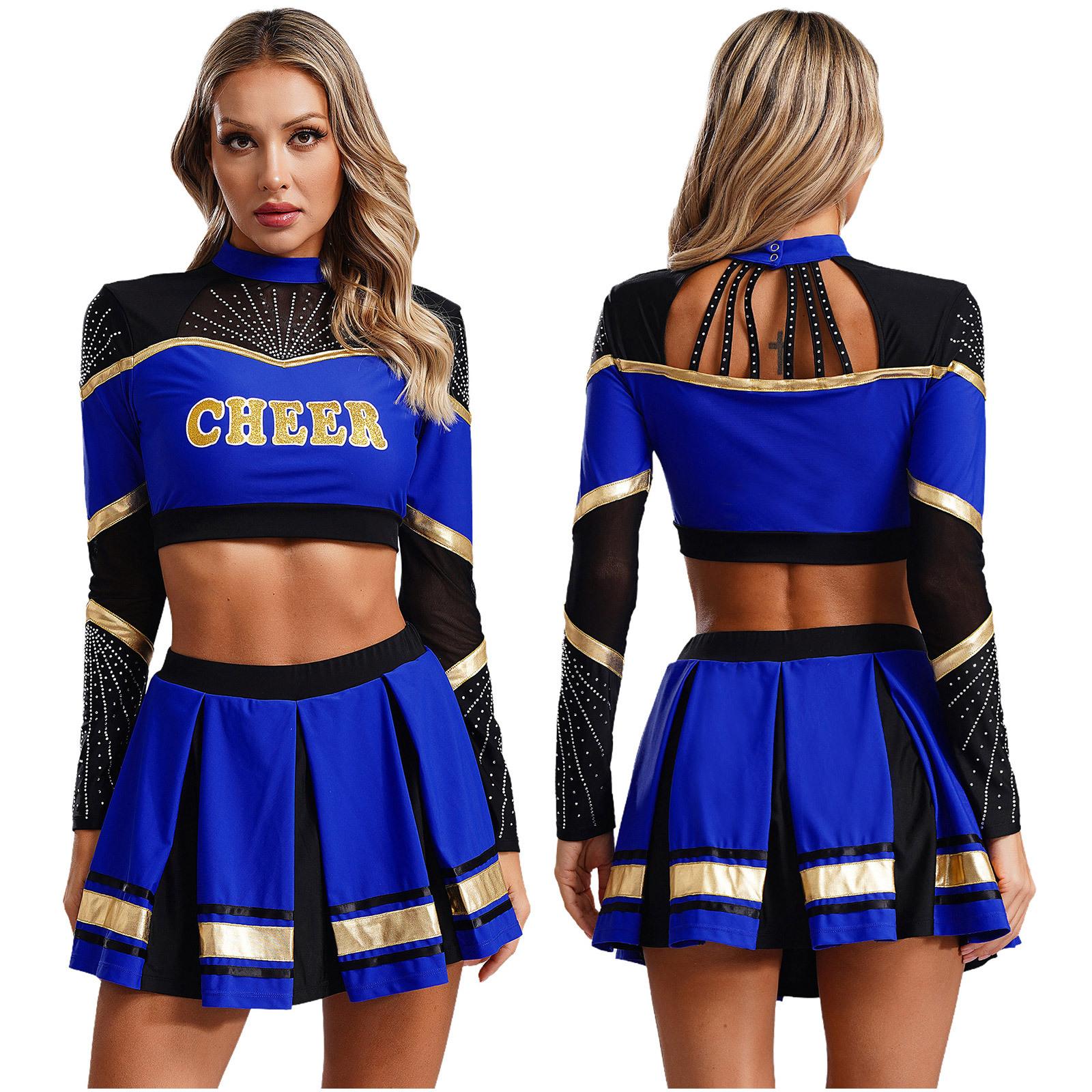 Cheerleader-Kostüme für Damen, Cheerleading-Uniformen, langärmeliges bauchfreies Top, plissierter A-Linien-Minirock, Performance-Tanzkleid M von Joom DACH