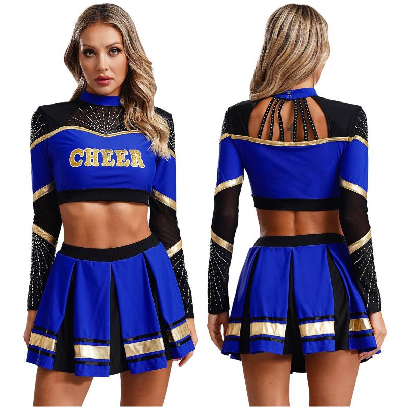 Cheerleader-Kostüme für Damen, Cheerleading-Uniformen, langärmeliges bauchfreies Top, plissierter A-Linien-Minirock, Performance-Tanzkleid M von Joom DACH