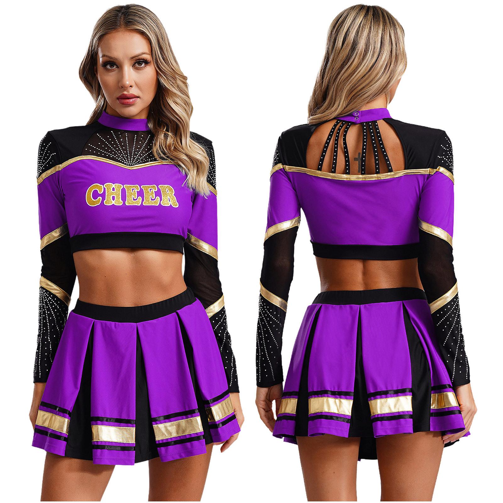 Cheerleader-Kostüme für Damen, Cheerleading-Uniformen, langärmeliges bauchfreies Top, plissierter A-Linien-Minirock, Performance-Tanzkleid S von Joom DACH