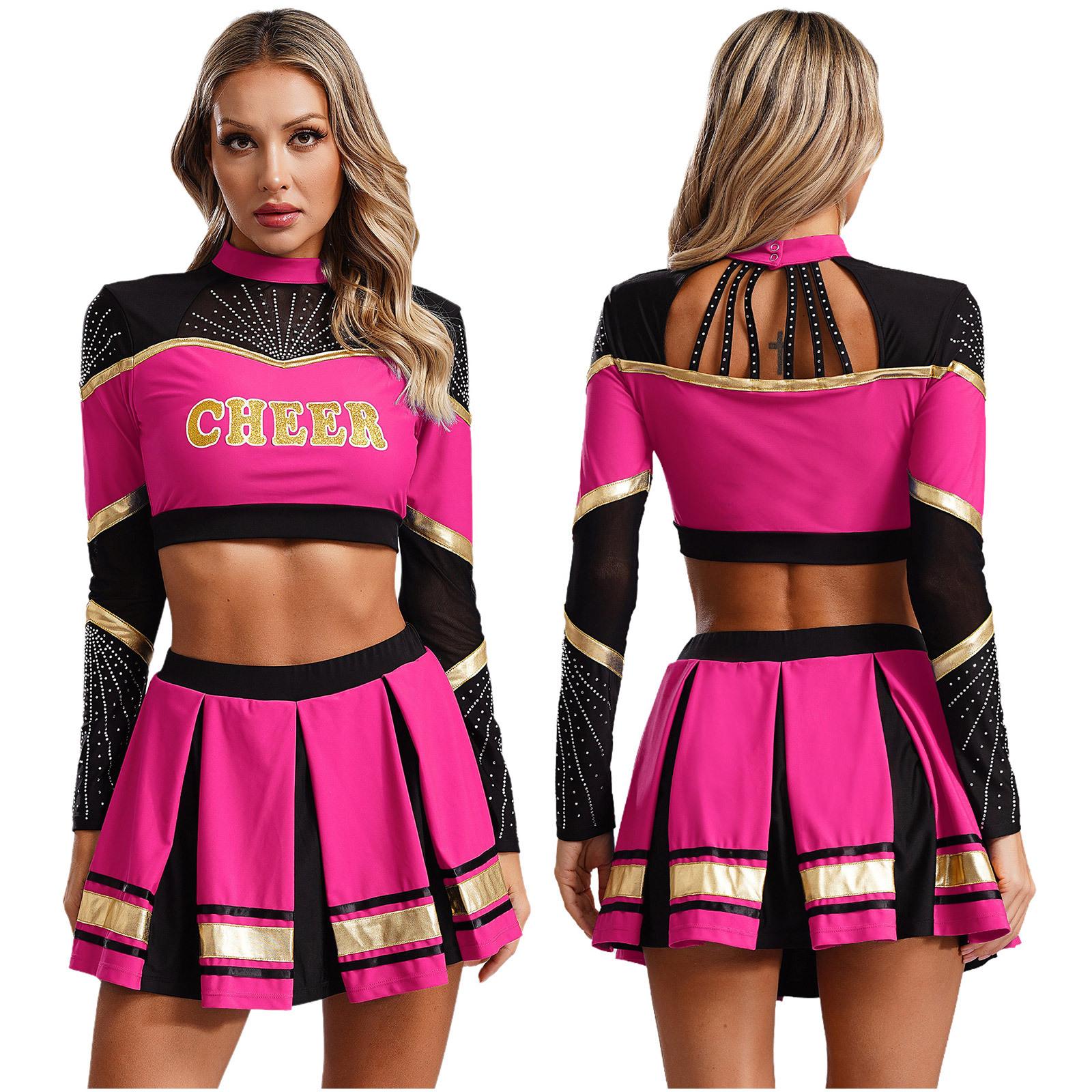 Cheerleader-Kostüme für Damen, Cheerleading-Uniformen, langärmeliges bauchfreies Top, plissierter A-Linien-Minirock, Performance-Tanzkleid XL heißes rosa von Joom DACH